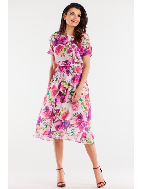 Kimono midikjole med korte ærmer, lyserøde blomster M