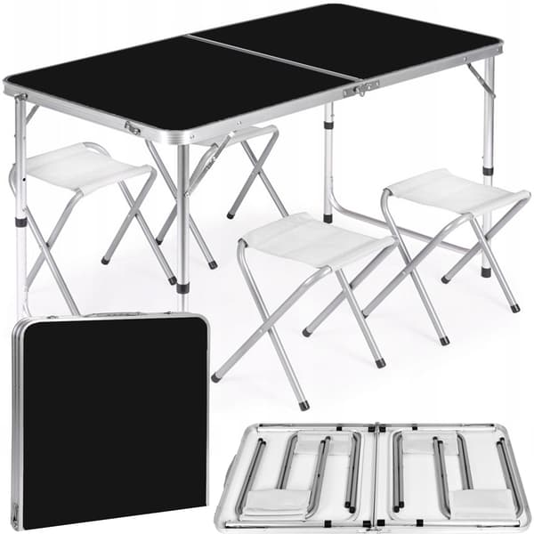 Klapbord 120x60cm Heckermann Sort + 4x Taburetter