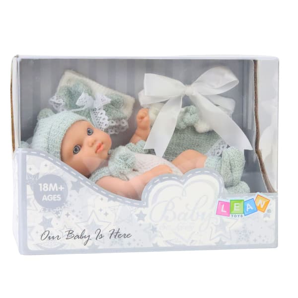 Babydocka, grå outfit, mössa, haklapp, 18 cm
