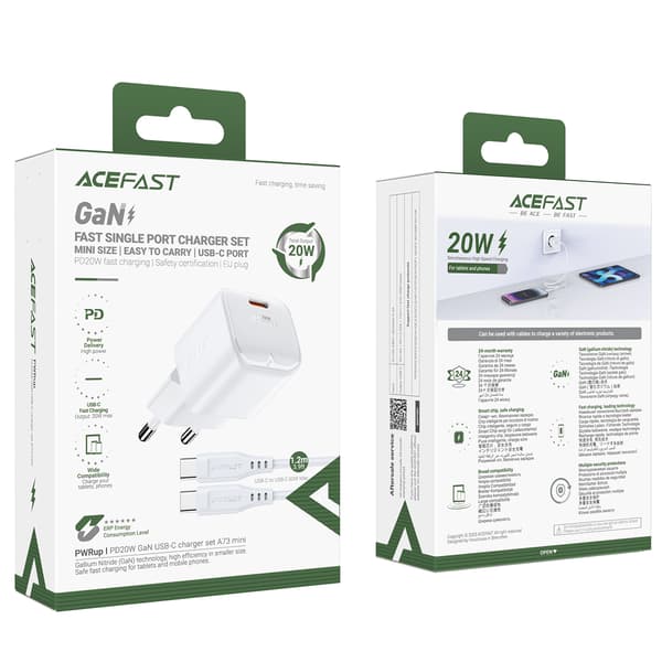 Mini PD 20W GaN Väggladdare + USB-C Kabel Vit