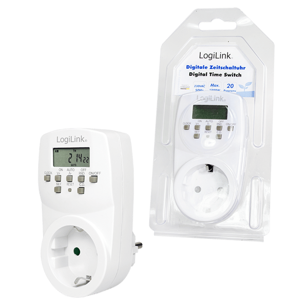 LogiLink LCD digital stikkontakttimer 20 programmer 8 knapper IP20 1800W