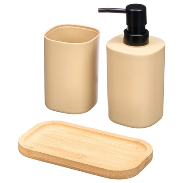 Badeværelsessæt på bambusbakke, beige