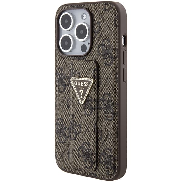 Guess Grip Stand 4G Triangle Strass-cover til iPhone 15 Pro, brun