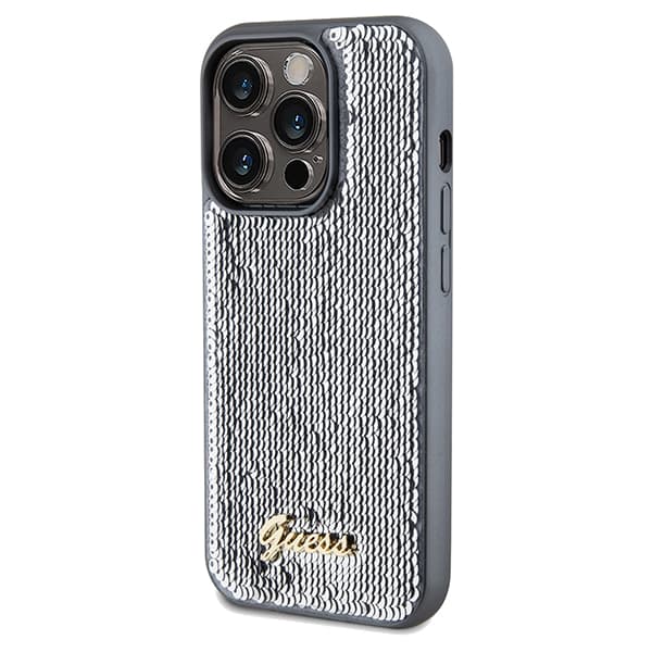 Guess Sequin Script Metal -suojakuori iPhone 14 Pro Maxille, hopea/hopea