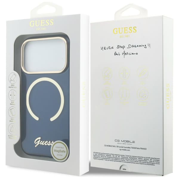 Guess IML Script Metal MagSafe-etui til iPhone 17 Pro Max i blåt