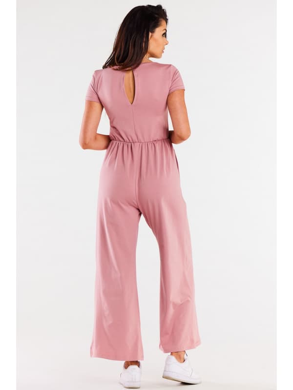 Bomullsjumpsuit med vida ben och V-ringning, Rosa S