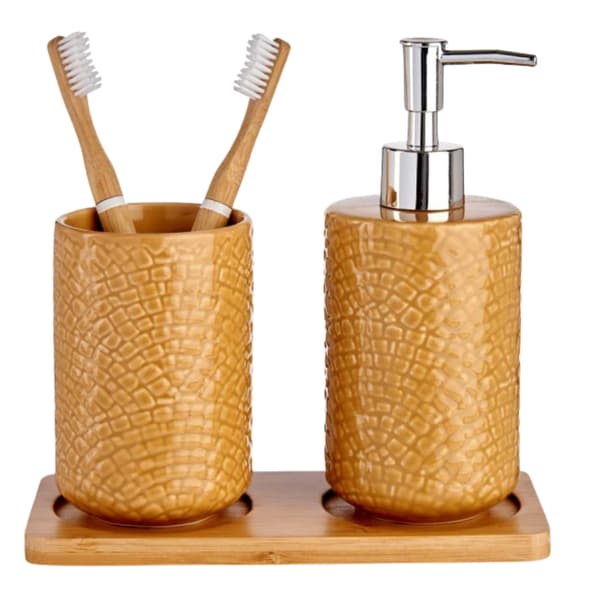Badrumsset: dispenser och mugg med stativ CAMEL