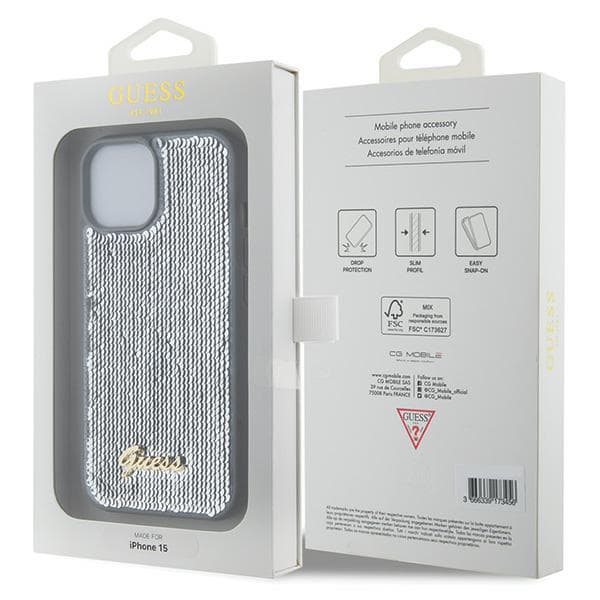 Guess Sequin Script Metal-skal till iPhone 15, silver/silver