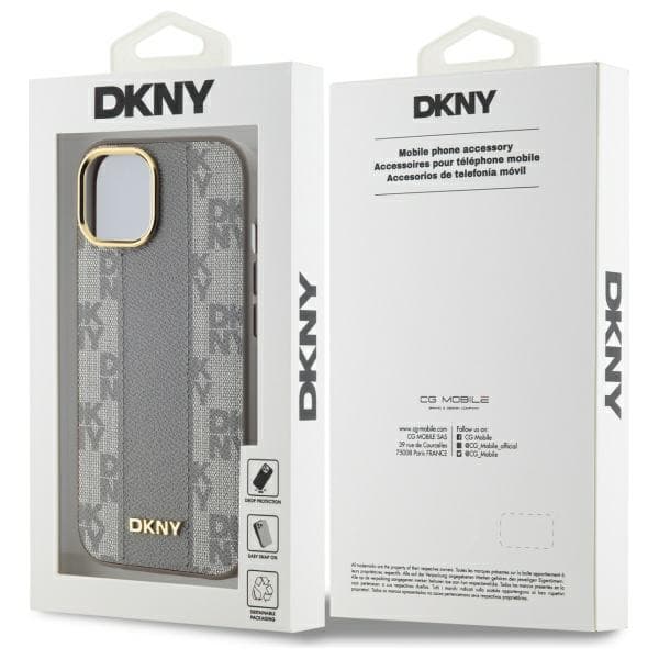 DKNY MagSafe-cover med ternet monogrammønster til iPhone 15 Plus, beige