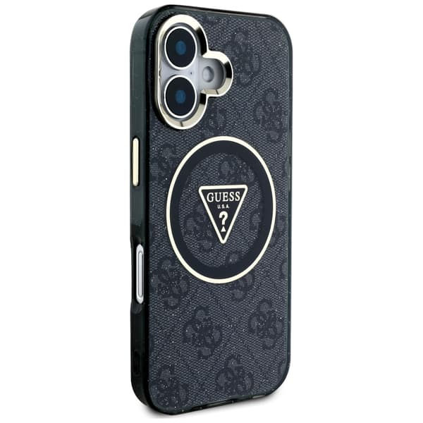 Guess IML Metal Glitter 4G Circle Triangle MagSafe-etui til iPhone 16, sort