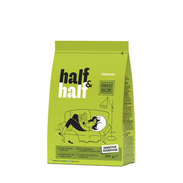 Half&Half Premium Torrfoder för Katter, Kalkon och Vuxen, 300 g Utgångsdatum: 25/08/2026