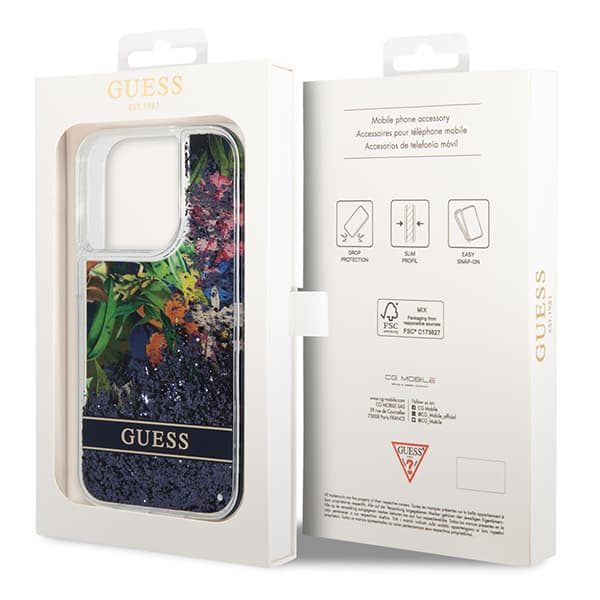Guess Flower Liquid Glitter cover til iPhone 14 Pro, blå