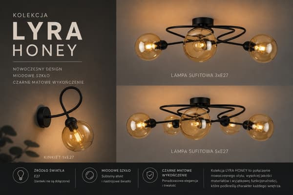 Loftlampe 3xE27 Lyra Sort/Honning