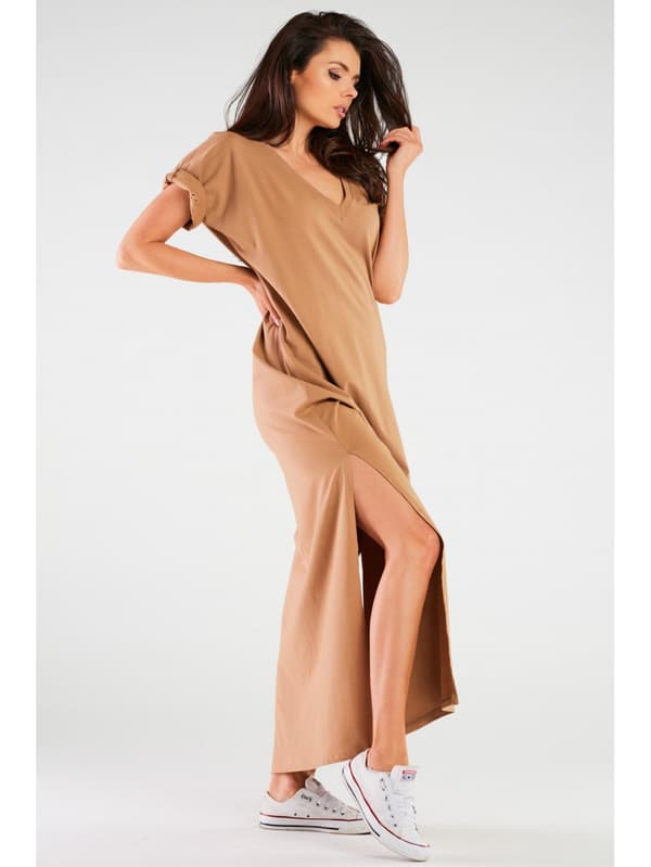 Oversized kimono maxikjole i bomuldsstrik, beige S/M