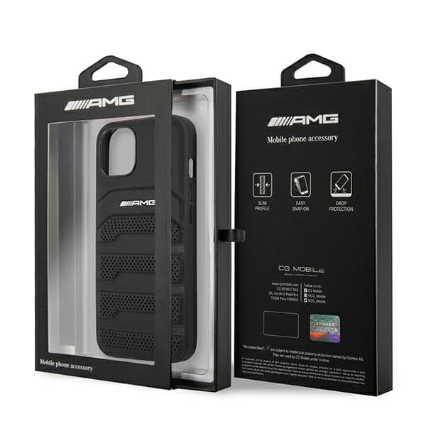 AMG lædercover med prægede linjer og sort logo til iPhone 13 mini, sort