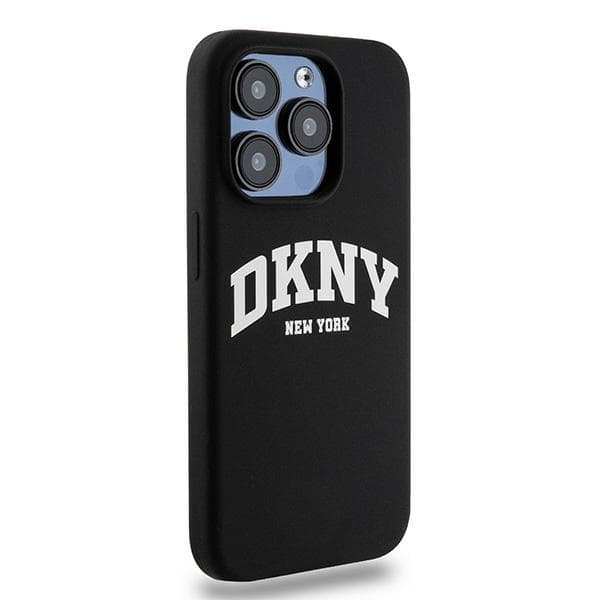 DKNY Liquid Silicone White Printed Logo MagSafe-etui til iPhone 15 Pro, sort