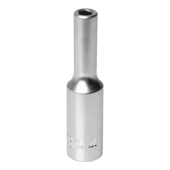 Topnøgle lang 1/4 tommer 6-vinkel 4 mm forkromet stål
