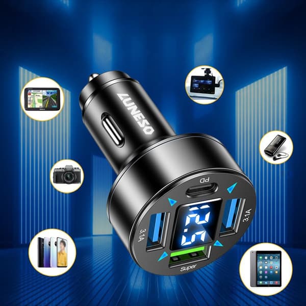 Hurtig biloplader 4x USB PD QC3.0 USB C 66W
