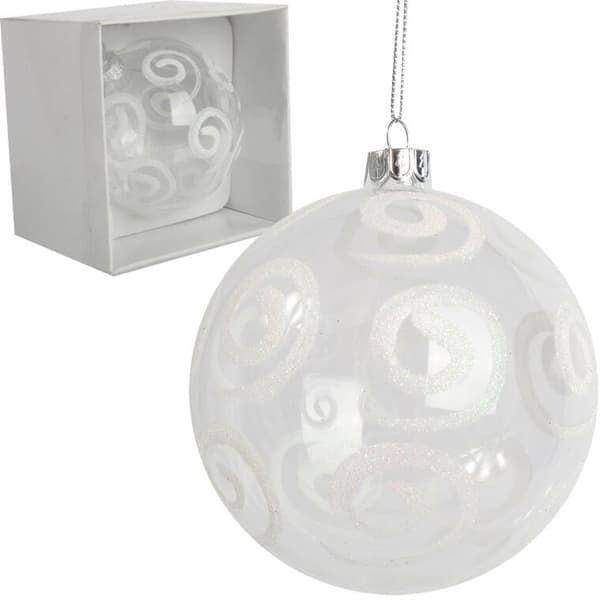 Transparent glaskula med vit bladformad dekoration II
