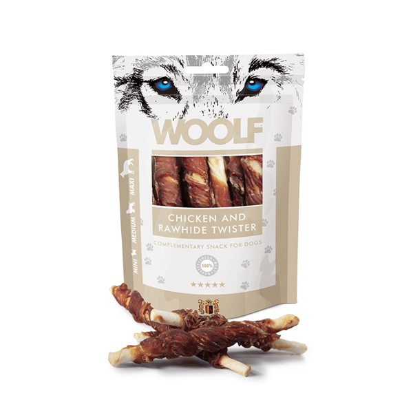 Woolf Rawhide hundegodbidder, kylling, mini, medium, maxi, race, 100 g