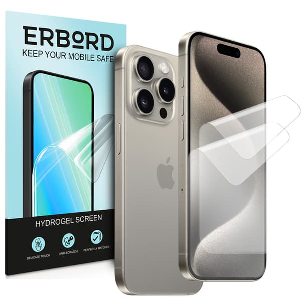2x Hydrogelfolie til iPhone 15 Pro Max, ERBORD Hydrogelfolie
