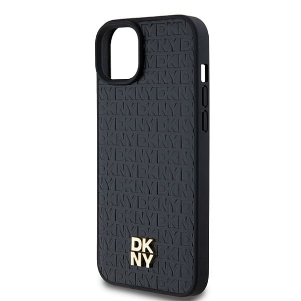DKNY Lædermonogrammønster Metal Logo MagSafe-etui til iPhone 15 Plus, Sort