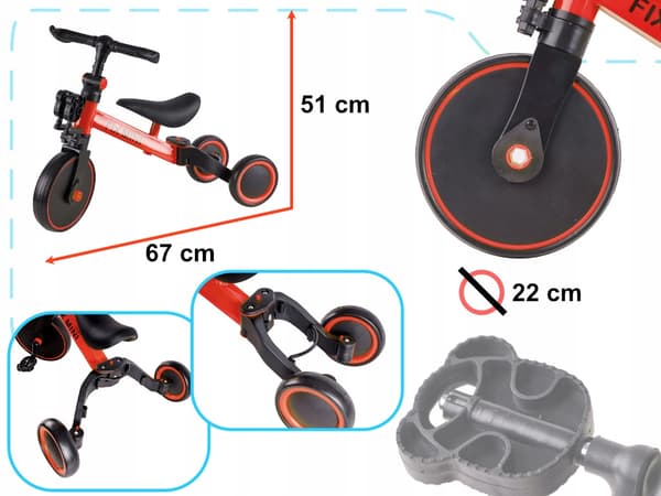 3-in-1 Trike Fix Mini -tasapainopyörä lapsille, punainen