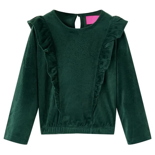 Børnebluse med flæser, mørkegrøn, 140