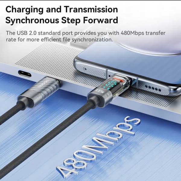TOOCKI Blå USB C til C Kabel 1 Meter 100W PD QC + LCD Wattmeter 100cm
