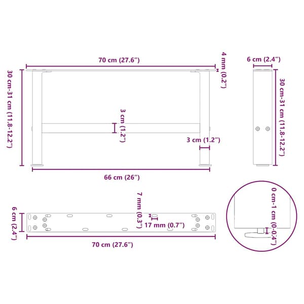 vidaXL sofabordsben, sorte, 2 stk., 70x(30-31) cm, stål