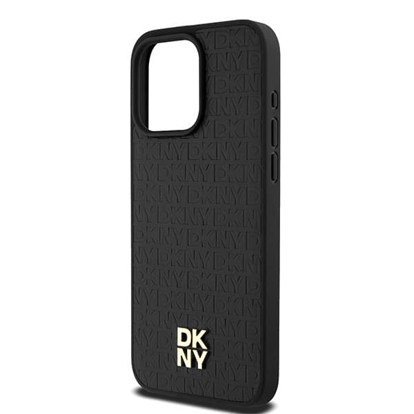 DKNY Lædermonogrammønster Metal Logo MagSafe-etui til iPhone 15 Pro Max, Sort