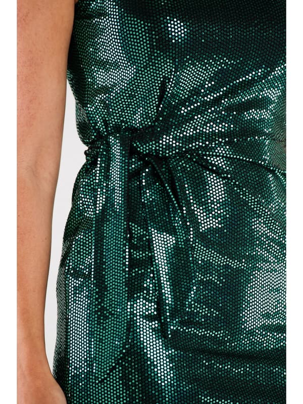 Kimalteleva smaragdinvihreä midimekko, jossa solmio, XL