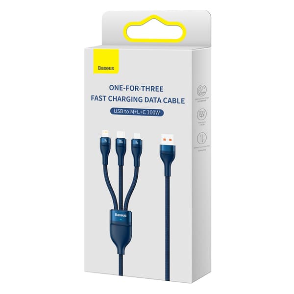 Flash Series II USB-kabel USB-C iPhone Lightning microUSB 100W 1,2m blå