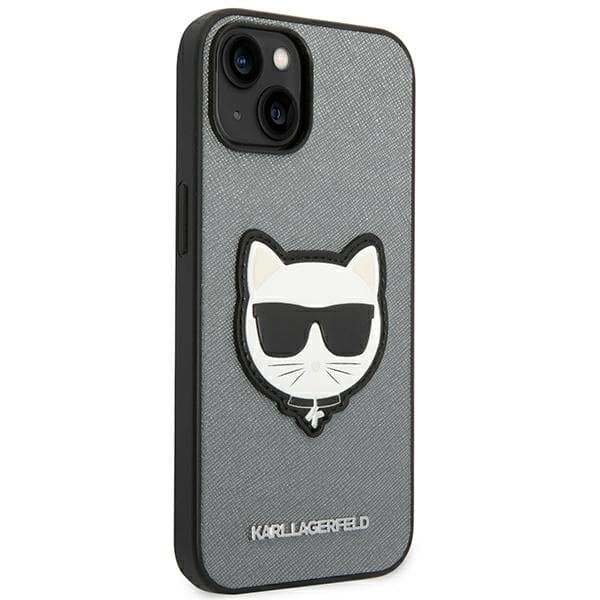 Karl Lagerfeld Saffiano Choupette Head Patch-etui til iPhone 14 Plus, sølv