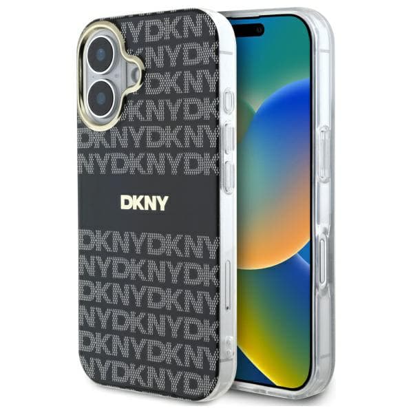 DKNY Repeat Texture Pattern With Stripe -suojakuori iPhone 16:lle, musta
