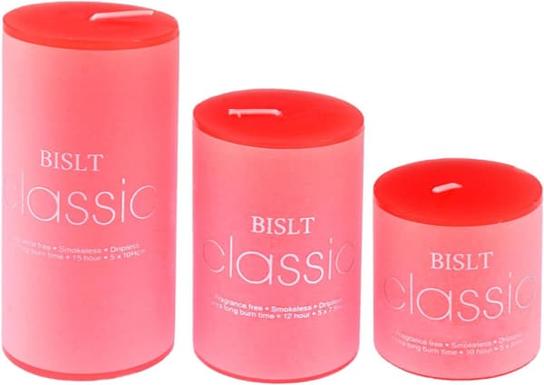 Set med 3 röda blockljus 10/7,5/5 cm, rosdoft