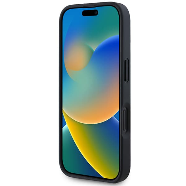 AMG lædercover med prægede linjer og sort logo til iPhone 16, sort