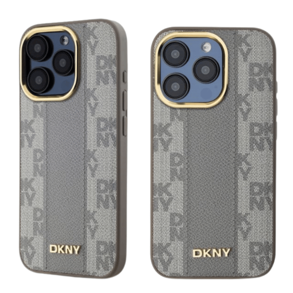 DKNY MagSafe-cover med ternet monogrammønster til iPhone 15 Pro, beige