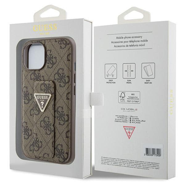 Guess Grip Stand 4G Triangle Strass-cover til iPhone 15, brun
