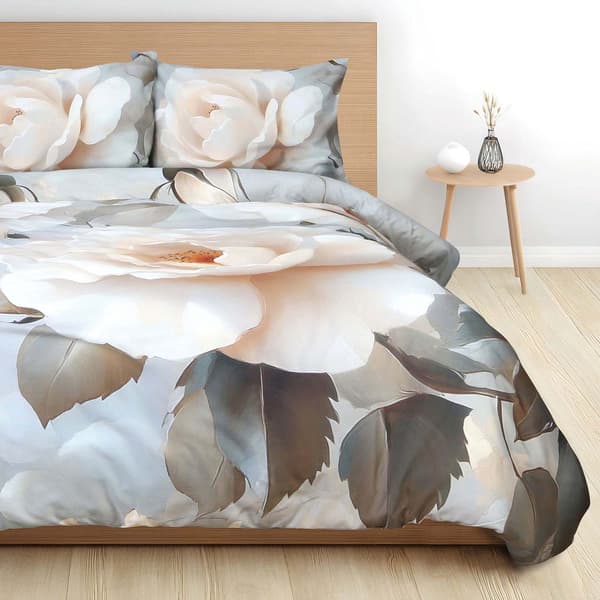 Bäddset 180x200 BOMULL SATIN digitaltryck blommor vit ros