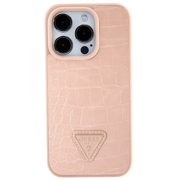 Guess Croco Triangle Metal Logo-cover til iPhone 15 Pro, lyserød