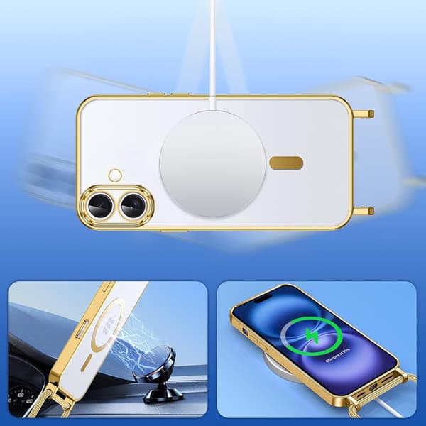 iPhone 16-skal, Electro MagSafe, guld + skärmskydd + rem