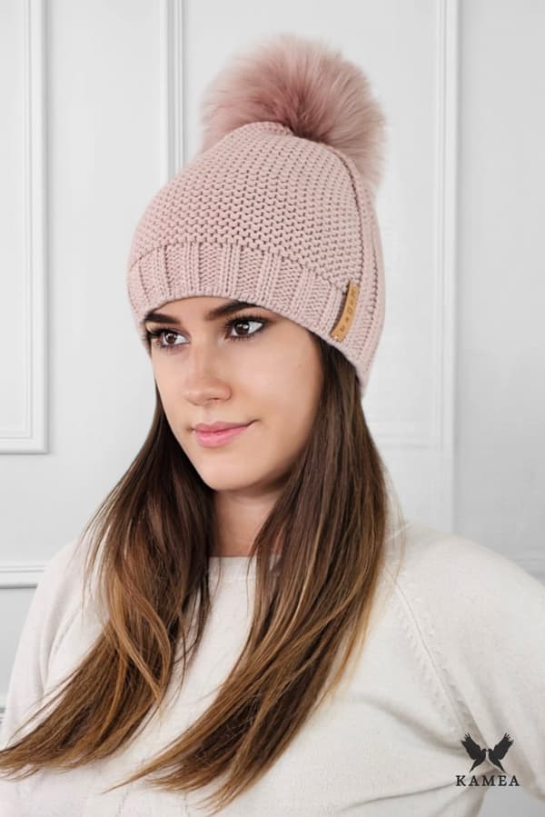 FIONA dame vinterfleecehue med pompon, pink