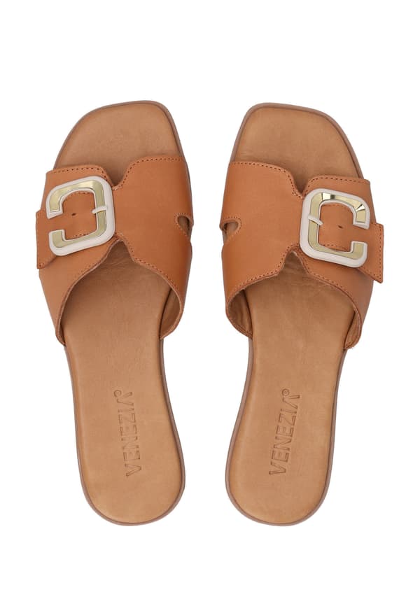 Bruna läderflip-flops med guldspänne Bruna läderflip-flops med guldspänne 36