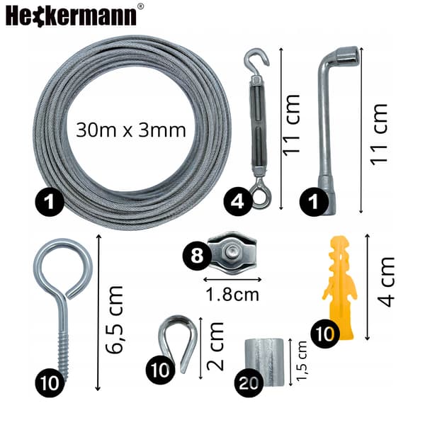 Rustfrit stålkabel 30m 3mm med tilbehør Heckermann 68in1
