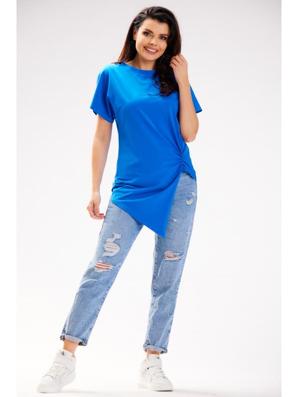 Asymmetrisk kortärmad bomullsblus, blå L/XL