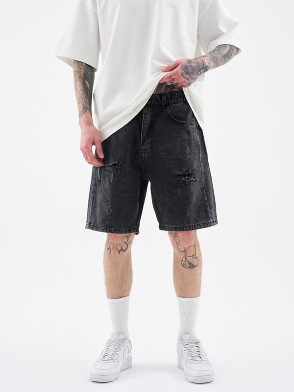 MyStars Sorte Basic Herre Mørkegrå Slitte Denimshorts 30
