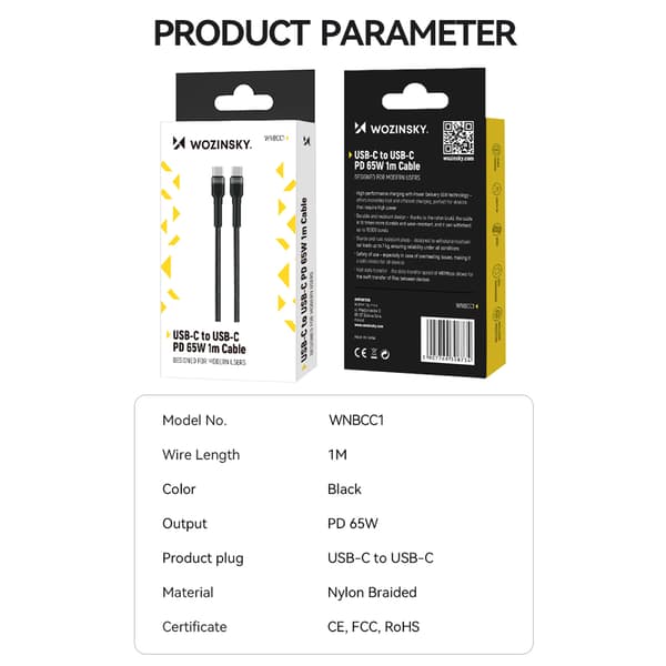 Flettet kabel USB-C - USB-C PD 65W 1m sort