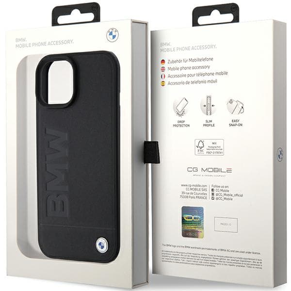 BMW Læderetui med Hot Stamp til iPhone 15, Sort