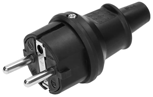 Lige gummistik 16A 230V IP44 Hermetisk Uni-Schuko Sort